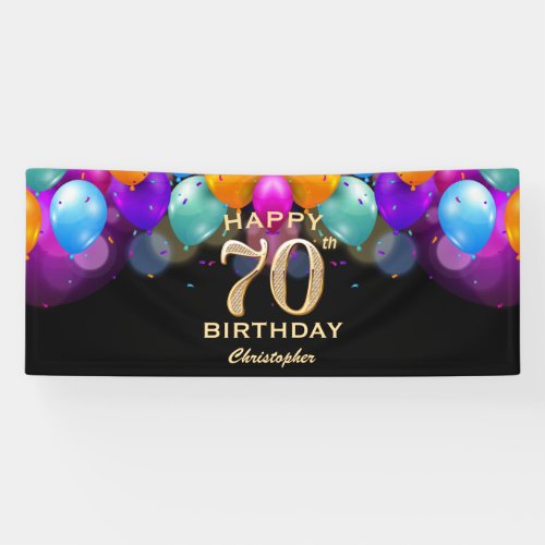 70th Birthday Party Black and Gold Balloons Banner