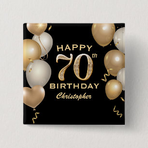 70th Birthday Party Black and Gold Balloons Button