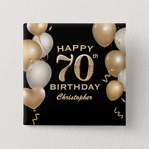 70th Birthday Party Black and Gold Balloons Button