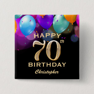 70th Birthday Party Black and Gold Balloons Button