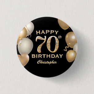 70th Birthday Party Black and Gold Balloons Button