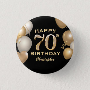70th Birthday Party Black and Gold Balloons Button