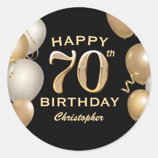 70th Birthday Party Black and Gold Balloons Classic Round Sticker