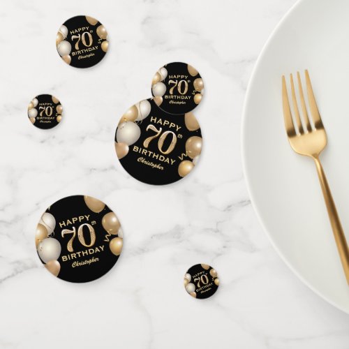 70th Birthday Party Black and Gold Balloons Confetti