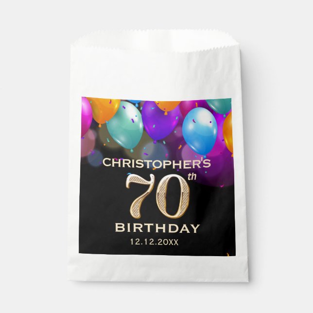 70th Birthday Party Black and Gold Balloons Favor Bag (Front)