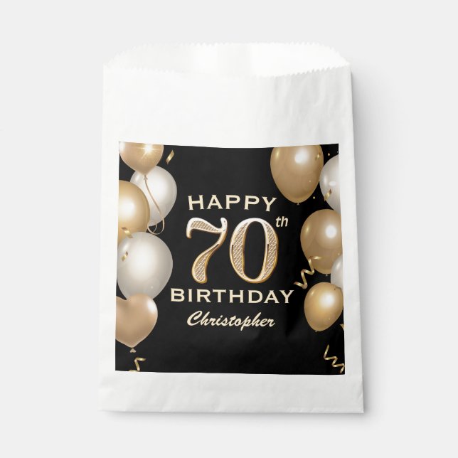 70th Birthday Party Black and Gold Balloons Favor Bag (Front)