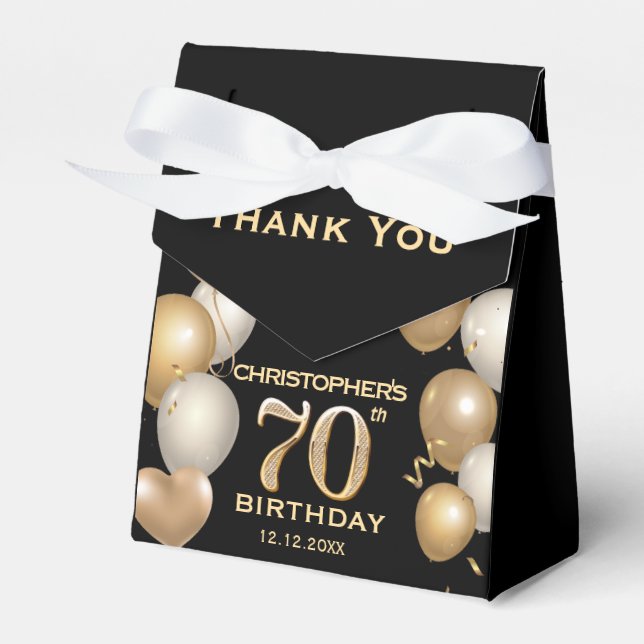 70th Birthday Party Black and Gold Balloons Favor Boxes (Front Side)