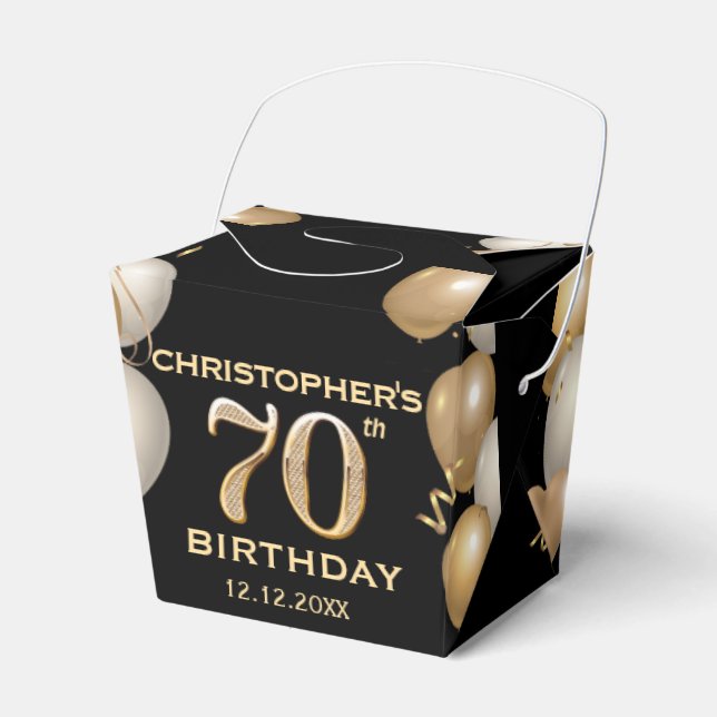 70th Birthday Party Black and Gold Balloons Favor Boxes (Front Side)