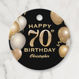 70th Birthday Party Black and Gold Balloons Favor Tags