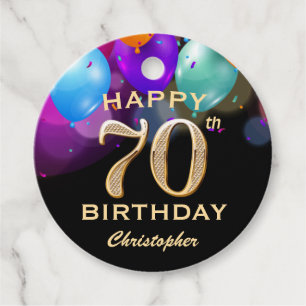 70th Birthday Party Black and Gold Balloons Favor Tags