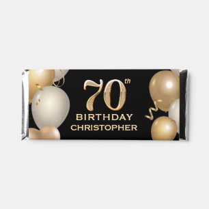 70th Birthday Party Black and Gold Balloons Hershey Bar Favors