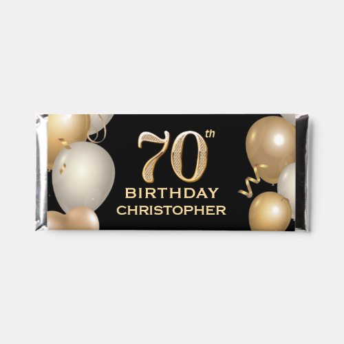 70th Birthday Party Black and Gold Balloons Hershey Bar Favors