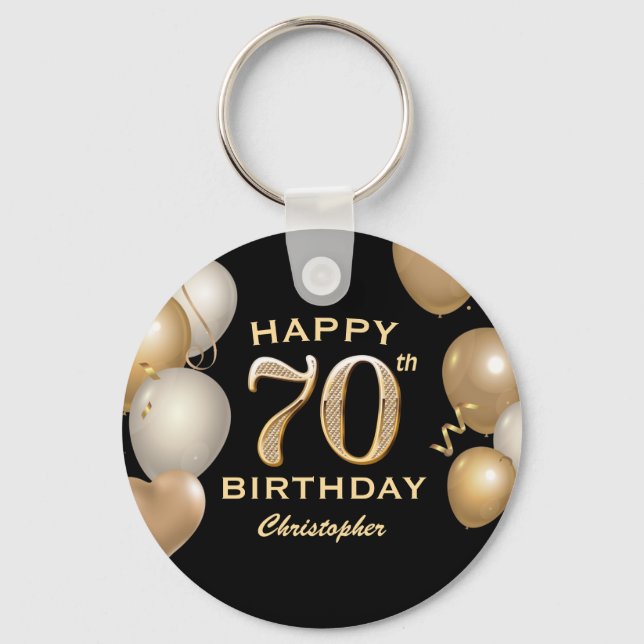 70th Birthday Party Black and Gold Balloons Keychain (Front)