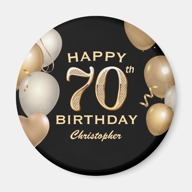 70th Birthday Party Black and Gold Balloons Magnet (Front)