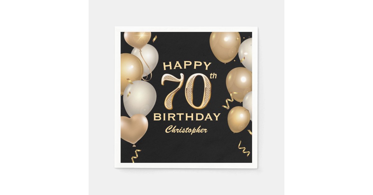 70th Birthday Party Black and Gold Balloons Napkins | Zazzle