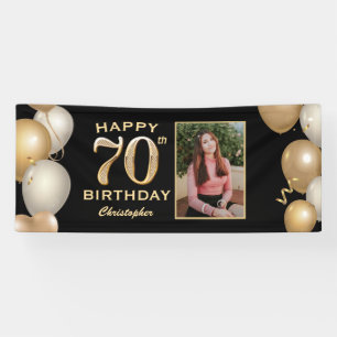 70th Birthday Party Black and Gold Balloons Photo Banner