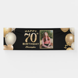 70th Birthday Party Black and Gold Balloons Photo Banner