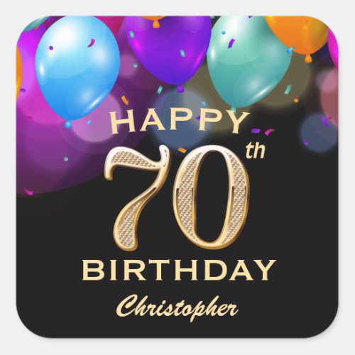 70th Birthday Party Black and Gold Balloons Square Sticker