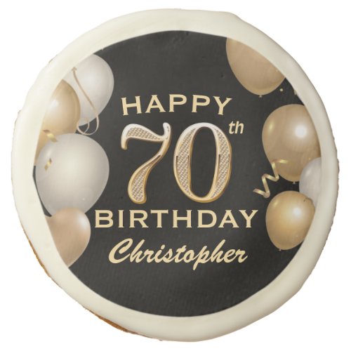 70th Birthday Party Black and Gold Balloons Sugar Cookie