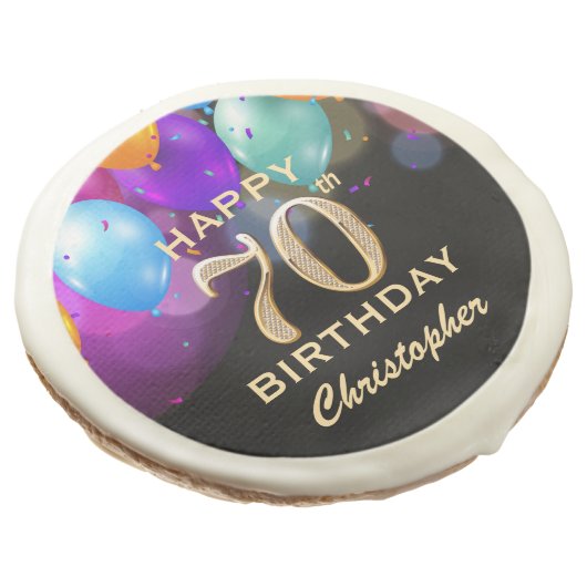 70th Birthday Party Black and Gold Balloons Sugar Cookie (Angled)