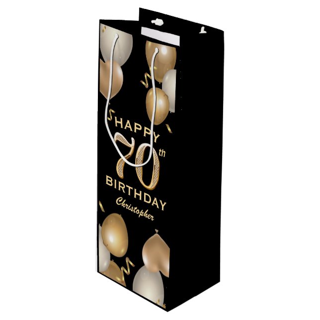70th Birthday Party Black and Gold Balloons Wine Gift Bag (Front Angled)