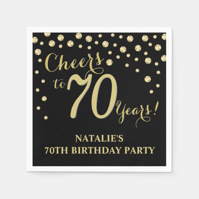 70th Birthday Party Black and Gold Diamond Napkins (Front)