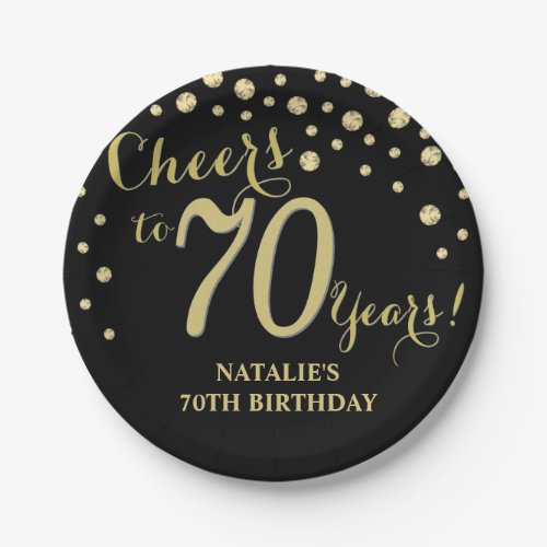 70th Birthday Party Black and Gold Diamond Paper Plates