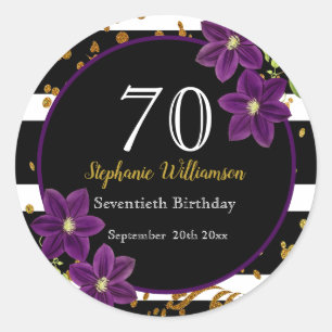 70th Birthday Party Black and Gold Glitter Classic Round Sticker
