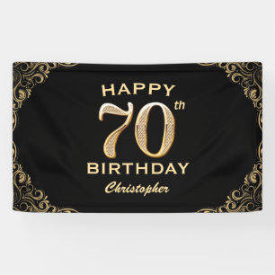 70th Birthday Party Black and Gold Glitter Frame Banner