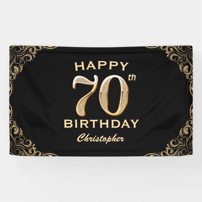 70th Birthday Party Black and Gold Glitter Frame Banner (Horizontal)