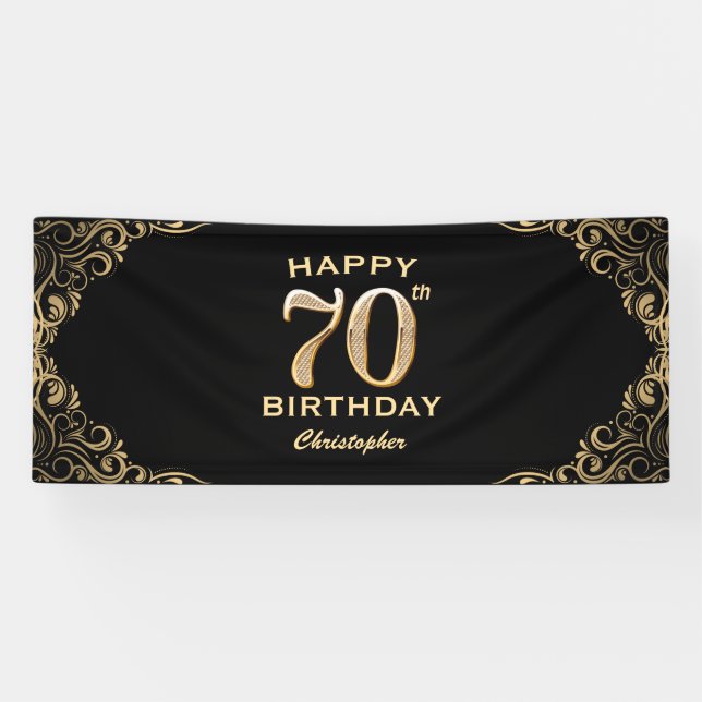70th Birthday Party Black and Gold Glitter Frame Banner (Horizontal)