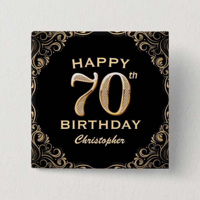 70th Birthday Party Black and Gold Glitter Frame Button