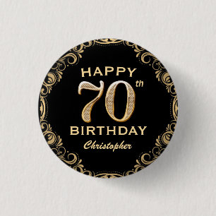 70th Birthday Party Black and Gold Glitter Frame Button