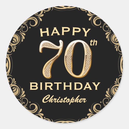 70th Birthday Party Black and Gold Glitter Frame Classic Round Sticker