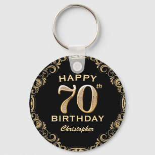 70th Birthday Party Black and Gold Glitter Frame Keychain
