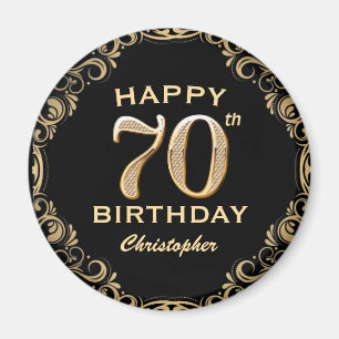 70th Birthday Party Black and Gold Glitter Frame Magnet