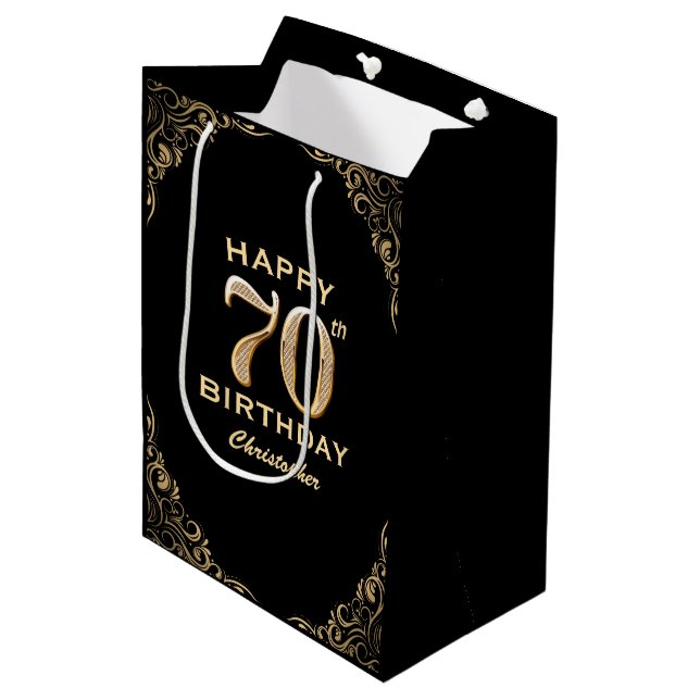 70th Birthday Party Black and Gold Glitter Frame Medium Gift Bag (Front Angled)