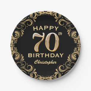 70th Birthday Party Black and Gold Glitter Frame Paper Plates