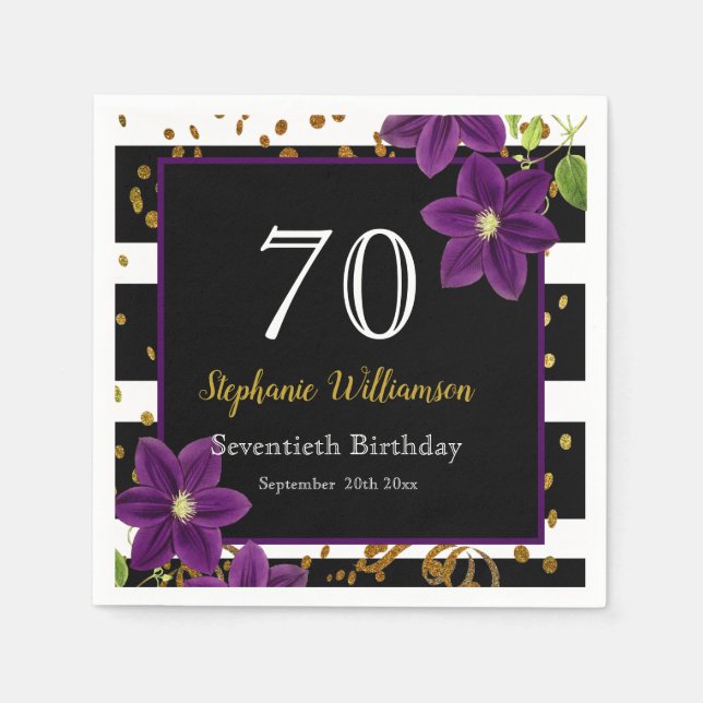 70th Birthday Party| Black and Gold Glitter Napkins (Front)