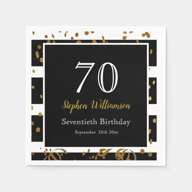 70th Birthday Party| Black and Gold Glitter Napkins (Front)