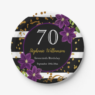 70th Birthday Party  Black and Gold Glitter Paper Plates