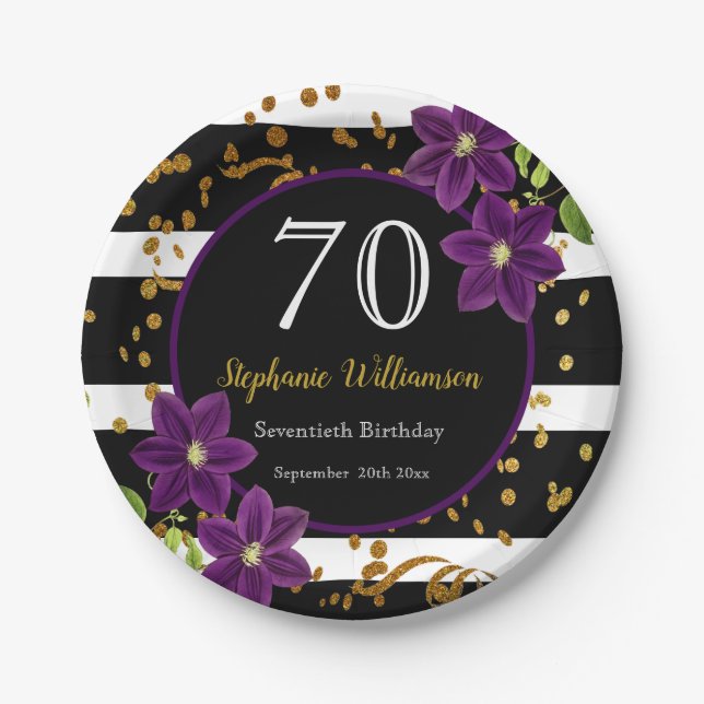 70th Birthday Party| Black and Gold Glitter Paper Plates (Front)
