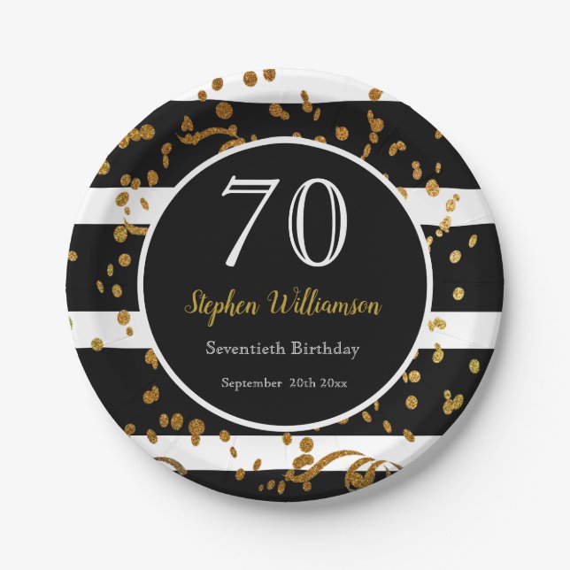 70th Birthday Party| Black and Gold Glitter Paper Plates (Front)