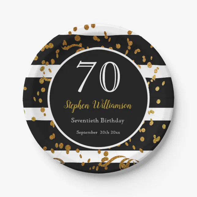 70th Birthday Party| Black and Gold Glitter Paper Plates | Zazzle