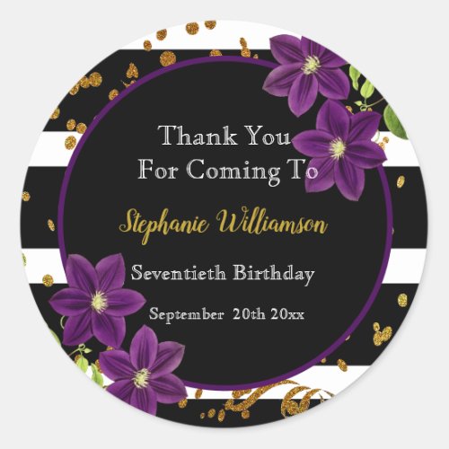 70th Birthday Party Black and Gold Glitter Thanks Classic Round Sticker