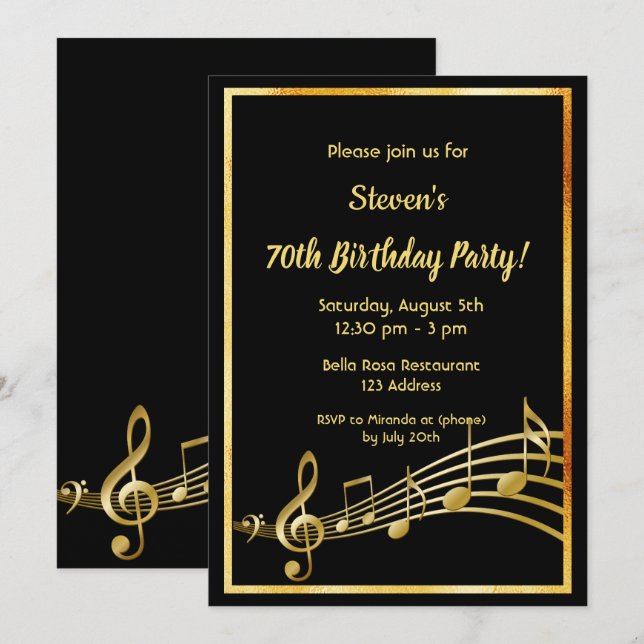 70th birthday party black and gold music notes invitation (Front/Back)