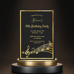 70th birthday party black and gold music notes invitation