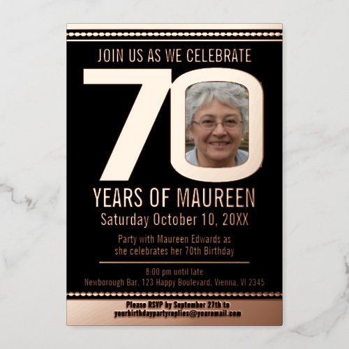 70th Birthday party black and rose gold foil photo Foil Invitation