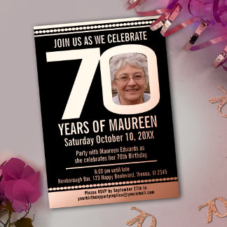 70th Birthday party black and rose gold foil photo Invitation