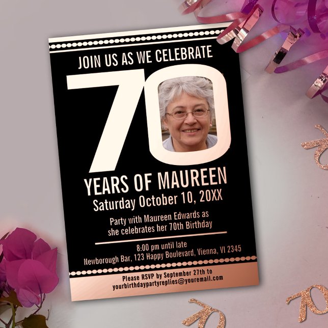 70th Birthday party black and rose gold foil photo Invitation (Creator Uploaded)